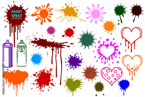 Paint Spray Vector Set with Drips, Splashes, Hearts and Spray Bottles on White Background.