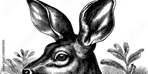 Vintage botanical engraving of animal ear anatomy from 19th century for educational and design use