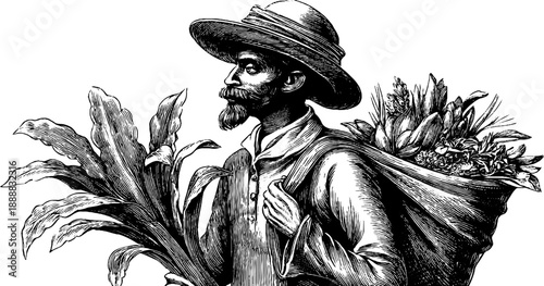 Vintage merchant portrait with botanical elements in hand-drawn engraving style