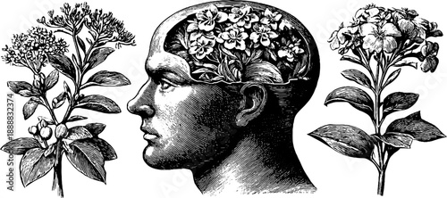 Asymmetrical botanical illustration with anonymous portrait for vintage design