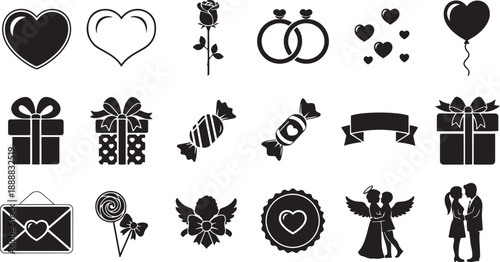 Collection of black silhouette for love romance and celebration including hearts rings gifts and couples