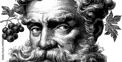 Vintage engraving of historical figure with grapes and leaves in classic style