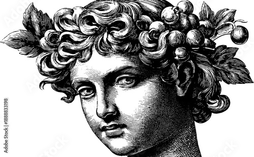 Vintage botanical engraving of timeless portrait with neutral expression