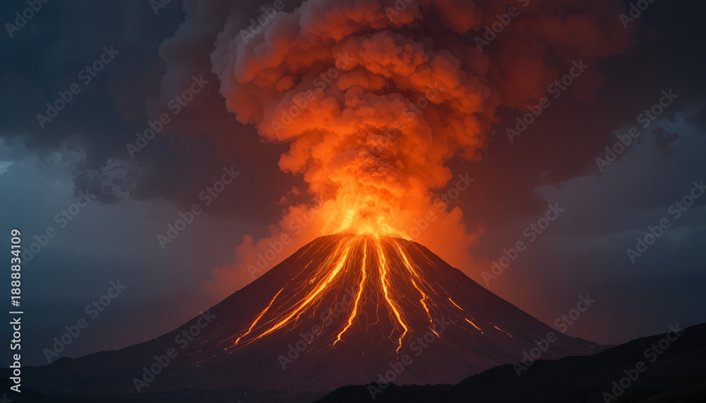 Fototapeta premium Volcanic Eruption Fury: Witness the raw power of nature as a volcano erupts, spewing molten lava and billowing smoke against a dark, dramatic sky.