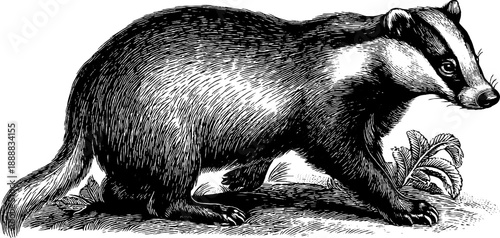 Vintage botanical engraving of a woodland badger in a natural setting