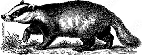 Vintage badger woodland illustration for botanical design