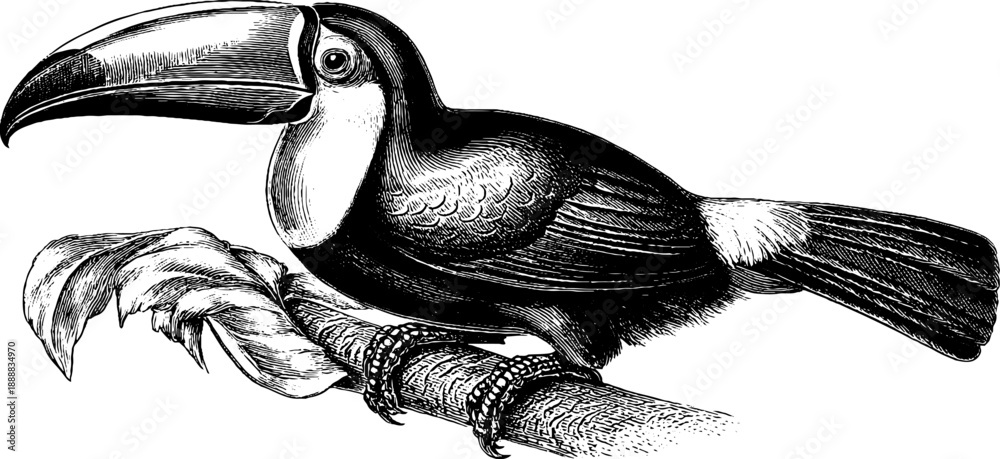 Fototapeta premium Vintage botanical illustration of 19th century bird beak morphology study featuring toucan