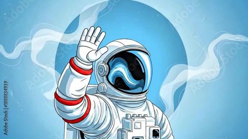 Video, 2D, vector, illustration of astronaut waving for science, space, rocket, background, animation, education
