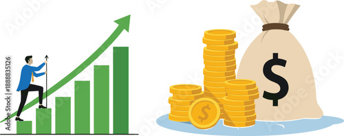 Financial growth chart, business success, wealth building, investment progress, money bag, gold coins, upward trend, savings concept, economic climb, profit strategy