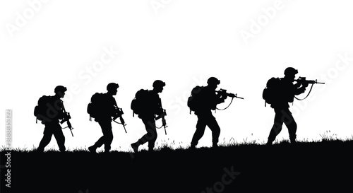 Silhouette of five heavily equipped soldiers advancing across grassy terrain under a white sky