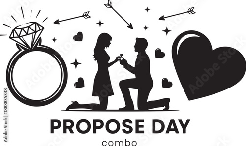 Black silhouette of man proposing to woman with ring hearts arrows and text P R O P O S E D A Y proposal