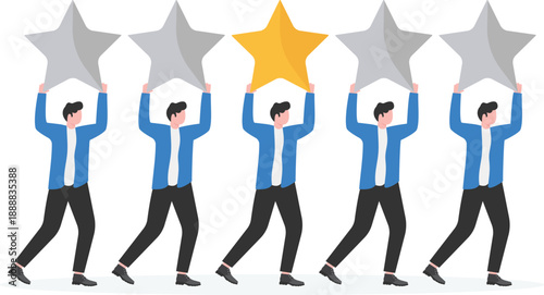 Team of Professionals Carrying Giant Star Ratings Representing Customer Excellence and Feedback