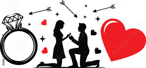 Silhouette of man proposing to woman with ring surrounded by hearts arrows and stars