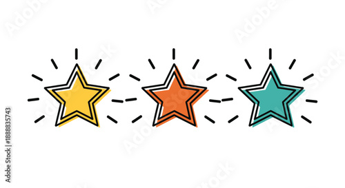 Three colorful hand drawn stars shining brightly indicating quality rating or achievement success