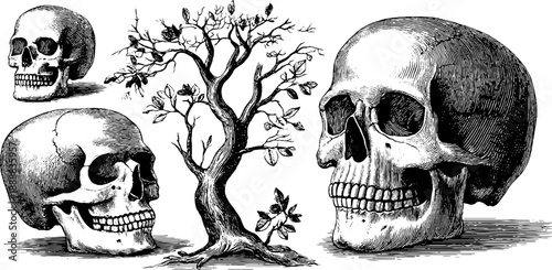 Vintage skull and tree botanical anatomy engraving from 19th century