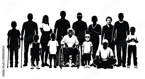 Diverse group of people representing different generations and physical abilities standing together