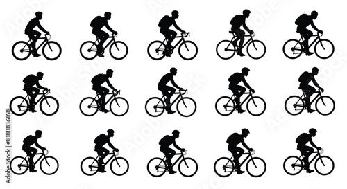 Collection of black silhouette icons depicting various male cyclists riding bicycles with gear