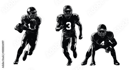 Three stylized black and white american football players demonstrate running tackling and ready stances
