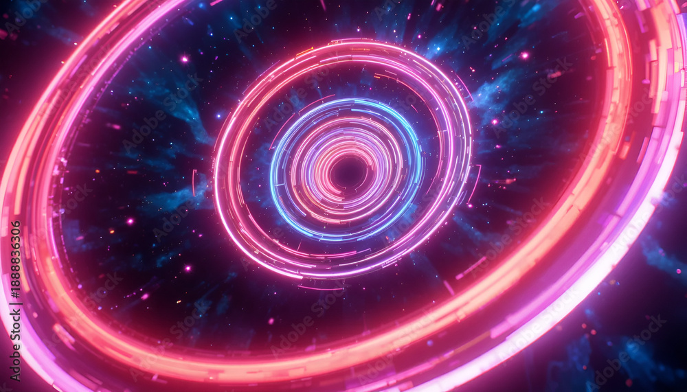 Fototapeta premium Cosmic Tunnel: An abstract depiction of a celestial tunnel, radiating with vibrant neon colors, evokes a sense of journey and exploration through the vast cosmos.