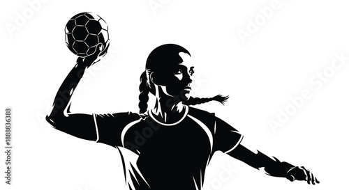 Female handball player silhouette poised to throw the ball intensely during a competition