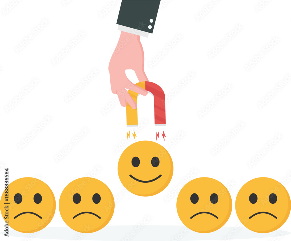 Fototapeta premium Customer Loyalty Concept with Giant Magnet Attracting Happy Smiley Face Emoji Feedback