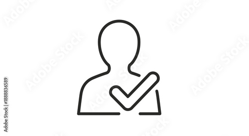 User Profile Icon with Checkmark, Verified Account Symbol, Simple Outline Graphic
