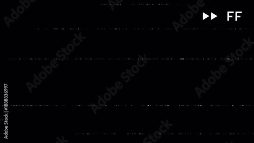 VHS fast forward overlay with classic playback icons and light analog noise, perfect for retro video effects, glitch transitions, and UI overlays. Alpha channel 4K video