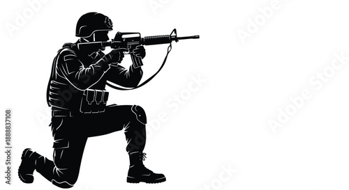 Silhouette of a tactical soldier kneeling while aiming an assault rifle with precision and focus