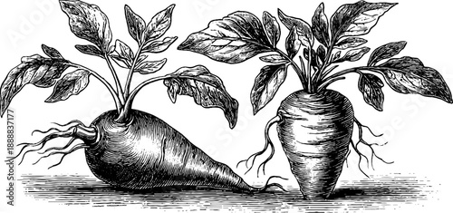 Cassava root anatomy - vintage botanical engraving for educational and design use