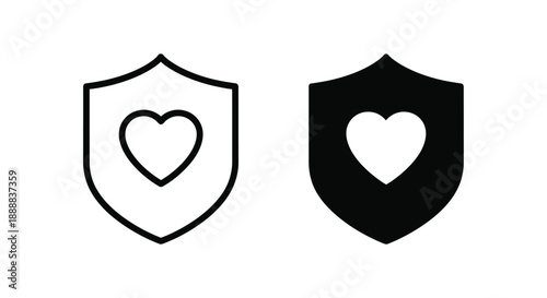Two versatile icons representing heart protection and safety in outline and solid form