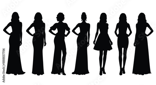 Collection of seven elegant female silhouettes showcasing diverse formal and cocktail gown styles