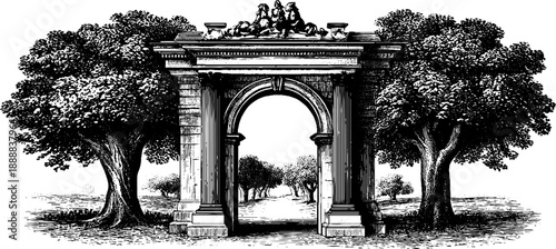 Vintage city gate architecture with botanical surroundings - engraved design for historical posters