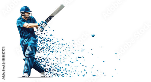 Stylized blue cricket batsman shattering into geometric fragments while powerfully striking the ball
