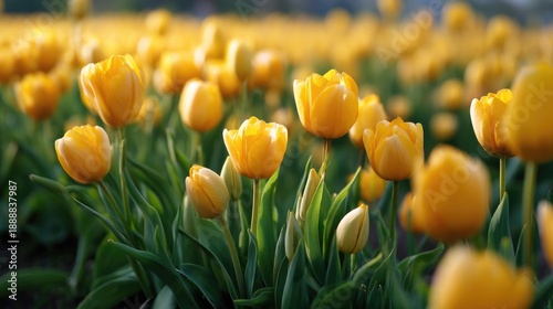 Vibrant Yellow Tulips Blooming in Sunlit Spring Field