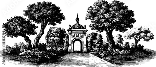 Historical city gate and botanical surroundings in engraved vintage style
