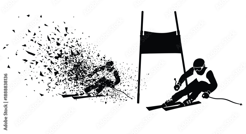 Obraz premium Dynamic black and white graphic illustrating downhill ski racer passing a gate with dispersal effect