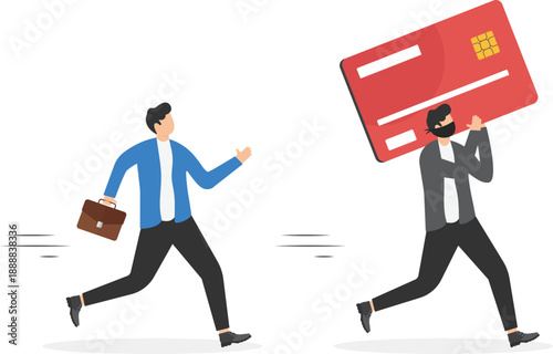 Credit Card Security Concept with Businessman Chasing Thief Stealing Giant Credit Card Asset