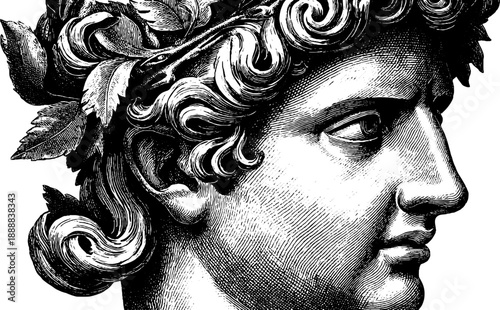 Classical bust with botanical accents in vintage engraving style for art and design