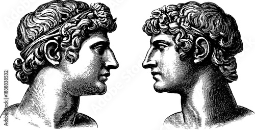 Classical asymmetrical bust with botanical elements in vintage engraving design for art decor