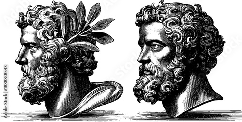 Classical antique bust with botanical elements - vintage museum catalogue style