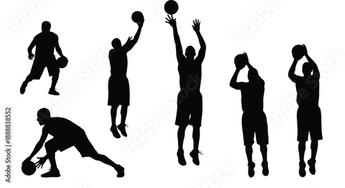 Silhouette collection shows basketball players executing various fundamental game moves in motion