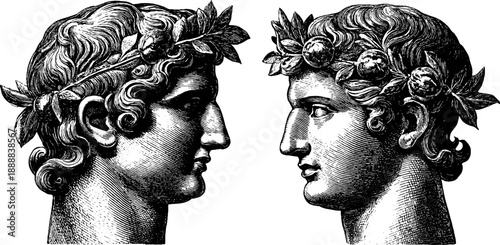 Classical busts with asymmetrical turn and botanical elements - vintage engraving for artistic and design use