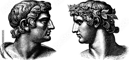 Classical bust with botanical elements in vintage engraving style