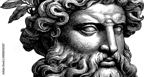 Classical bust fragment with botanical motif engraving for art and design projects