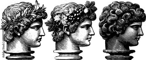 Classical bust with botanical hair texture - vintage study and engraving art design