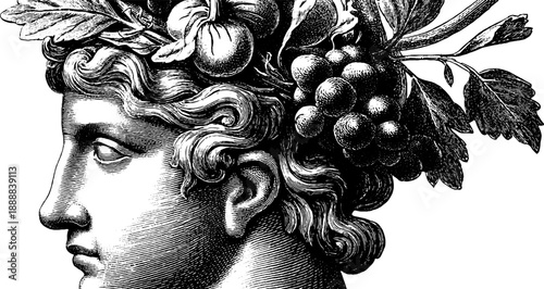 Classical bust with botanical elements under museum lighting study