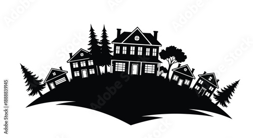 Black and white silhouette graphic illustrating suburban houses tilted precariously upon a curving landscape