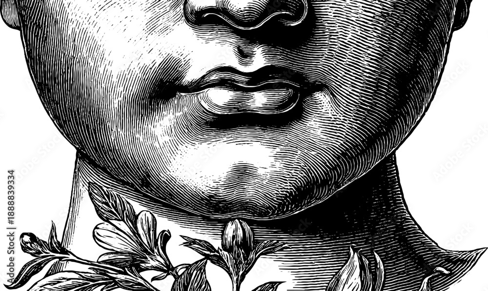 Fototapeta premium Vintage botanical engraving of classical bust with focus on nose and lips for artistic design