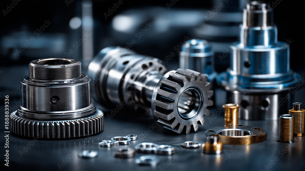 Fototapeta premium Industrial components showing various metal parts on dark background, mechanical elements collection, engineering pieces display, with copy space
