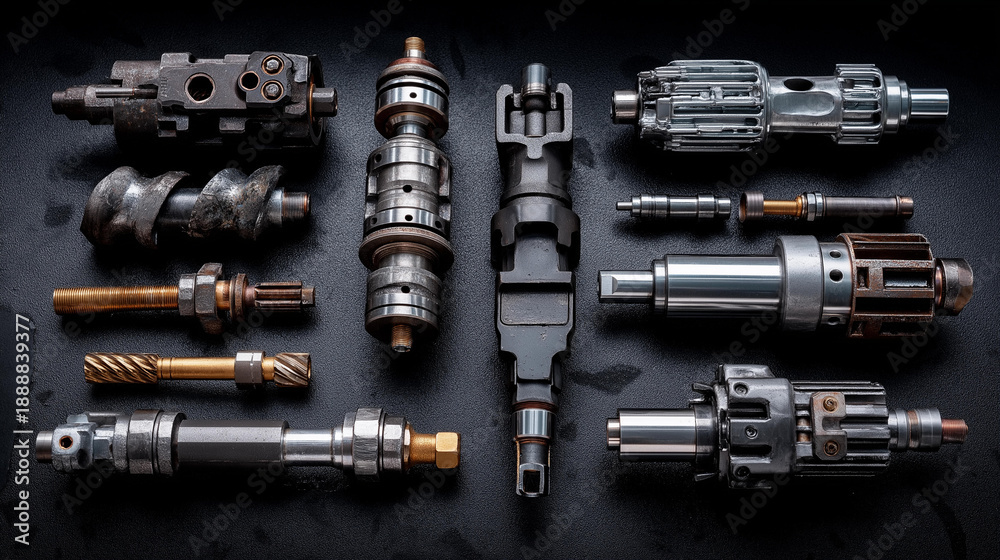 Naklejka premium Industrial components showing various metal parts on dark background, mechanical elements collection, engineering pieces display, with copy space